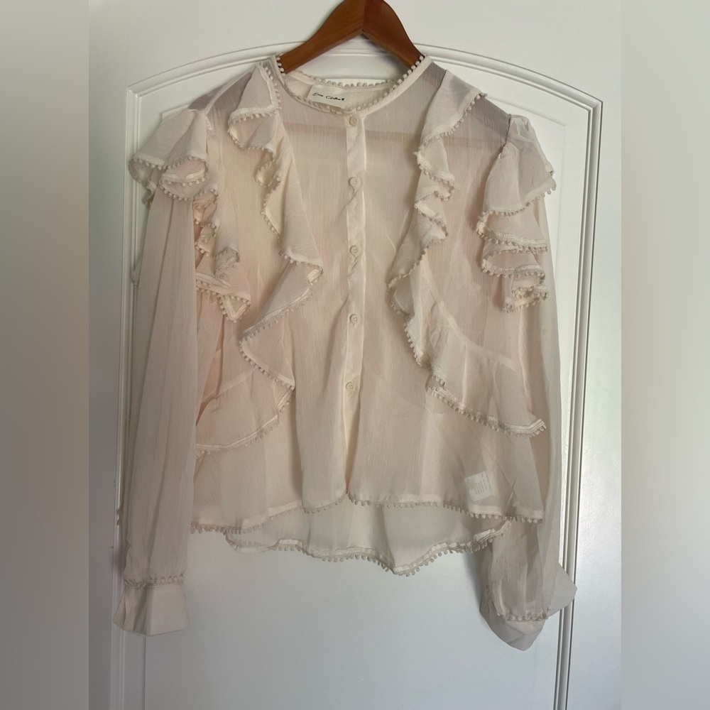 NWOT Easy Clothes Ivory Sheer Ruffle Button-Front Coquette Feminine Blouse M L